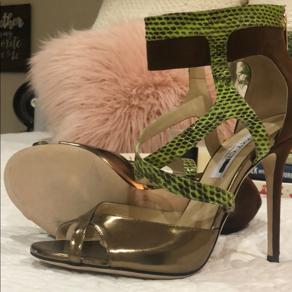 ✨Jimmy Choo metallic and neon snakeskin pumps